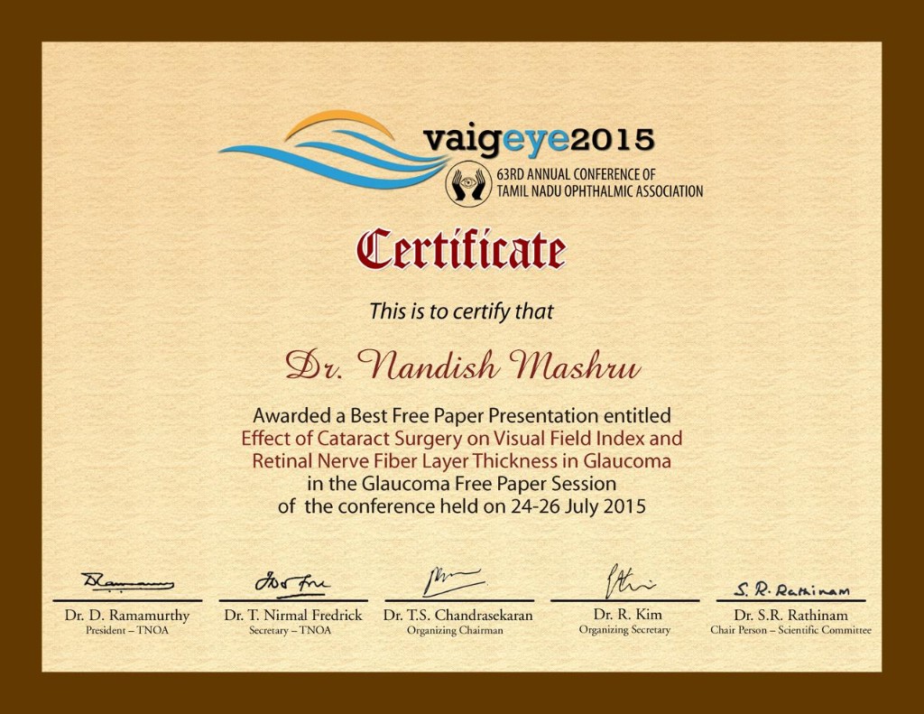 Best Free Paper Presentation certificate awarded to Dr. Nandish Mashru at TNOA 2015