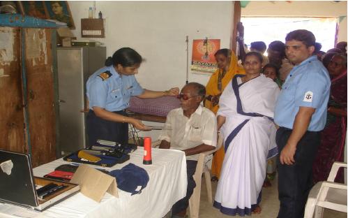 Indian eye specialist examining a patient at a community clinic